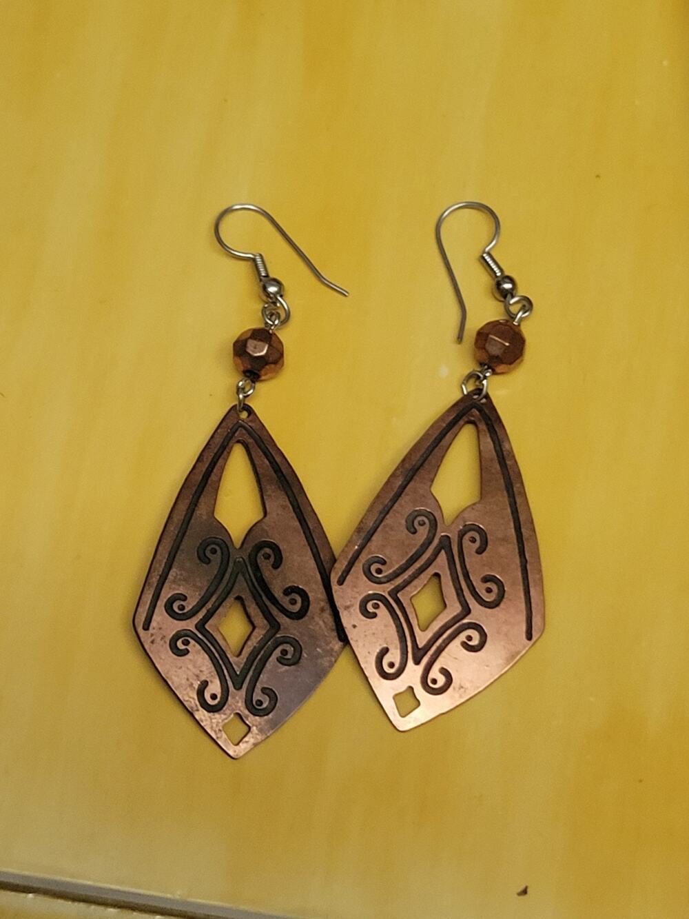 Copper Native NP Stamped Dangle Leaf Like Earrings Vintage